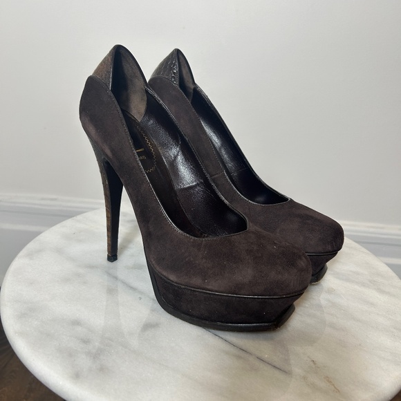 YSL Tribute 105 Suede Ostrich Platform Heels - Picture 1 of 8